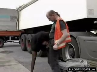 Black whore riding on nubile truck driver outside